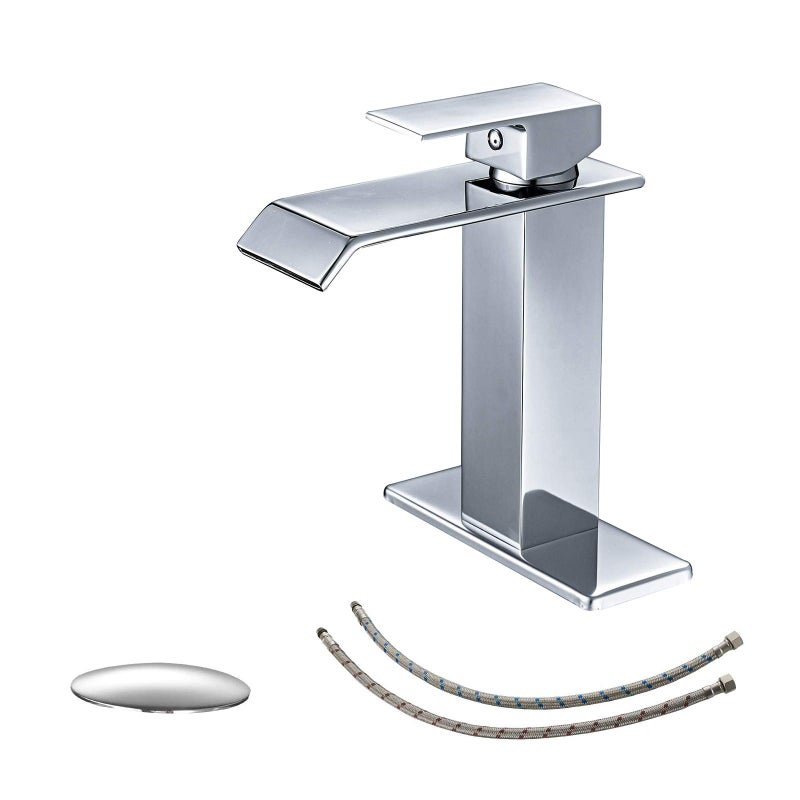 BWE Bathroom Faucet Chrome Modern Waterfall with Pop Up Drain for Sink 1 Single Hole Bathroom Sink Faucet Parts Spout Bath Lavatory Vanity Stopper Overflow and Supply Hose Single Handle Square - Image 1